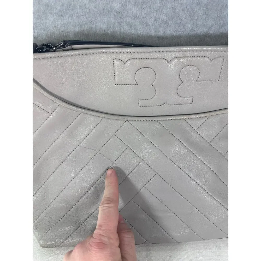 Tory Burch Alexa Quilted Slouchy Soft Leather Tote Purse Grey Pewter Chain